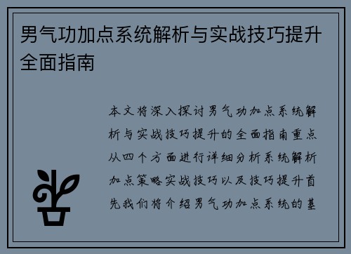 男气功加点系统解析与实战技巧提升全面指南